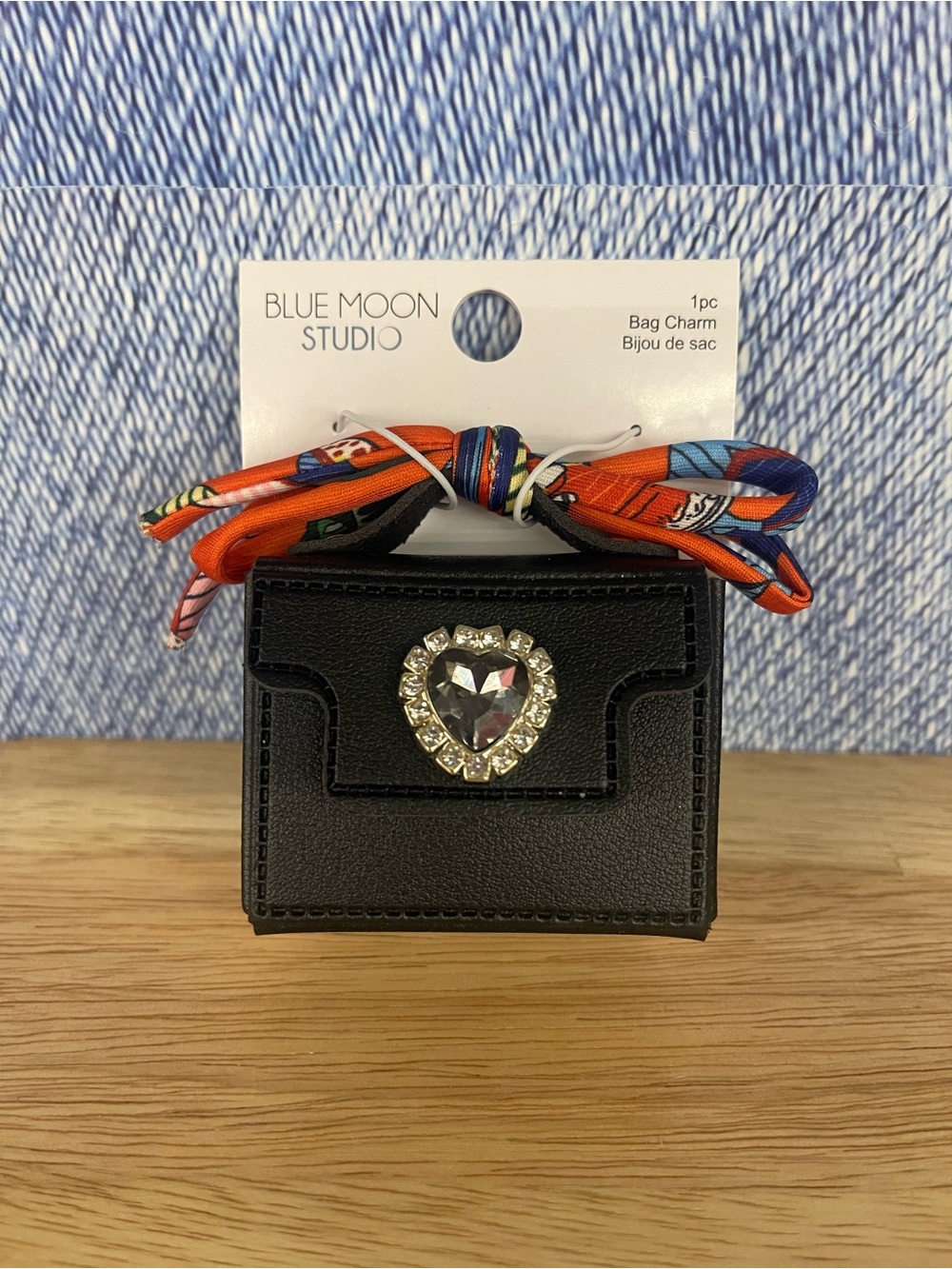 Black Mini Bag Charm with Crystal Heart and Orange Scarf Bow